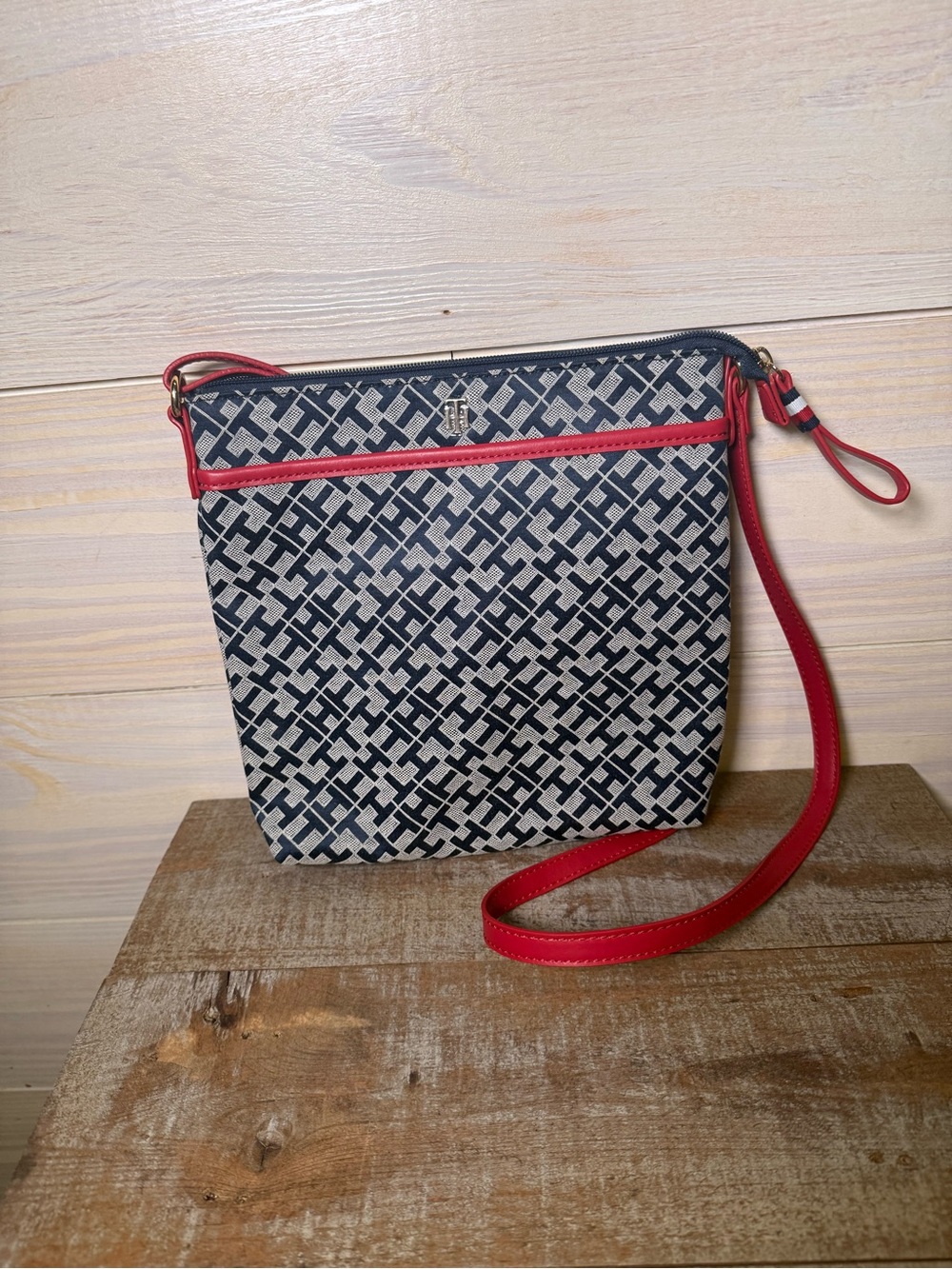 Tommy Hilfiger Navy Pattern Crossbody with Red Trim - Women Bags